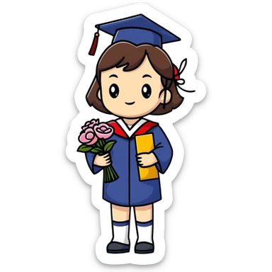 Cute Japanese high school girl in graduation ceremony with bouquet and diploma sticker