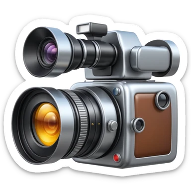 Minimal emoji icon of a huge cinematic metalic camera, front view, simple shapes, realistic lens,  sticker