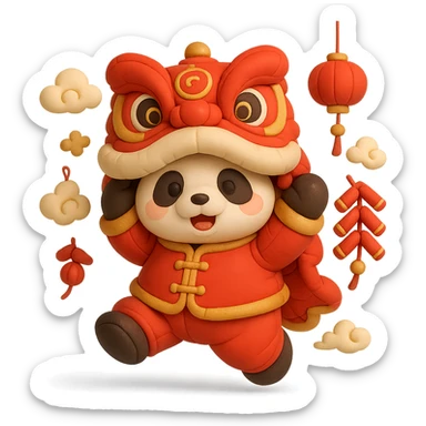 cute panda wearing red and gold Tang suit performing lion dance, head wearing red and gold lion head, both hands holding lion head jumping, background with golden firecrackers, lanterns and auspicious clouds, main color bright red with gold details, rich New Year atmosphere, cushion style sticker