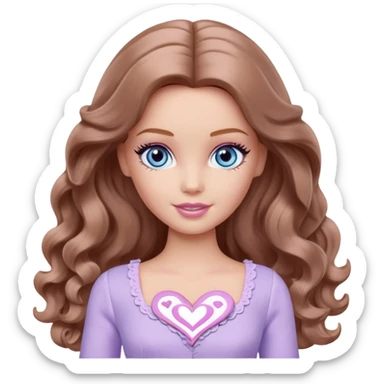 There are grey hearts all around Barbie girl Chestnut long wavy hair and blue eyes is In pale purple clothes sticker