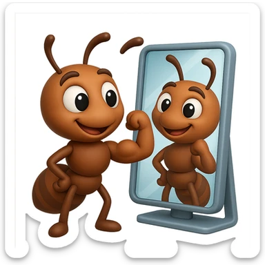 EMOJI STILE IPHONE 3D DI una formica che si guarda allo specchio felice e sicura di sè mentre contrae il suo bicipite muscoloso, fagli anche la parte bianca degli OCCHI, non solo la pupilla sticker