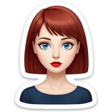 Creative woman with fair skin, oval face, striking blue eyes with dark eyeliner, thin eyebrows, small nose, full lips with bright red lipstick, dark auburn hair with straight bangs, wearing an elegant black blouse, artistic expression sticker