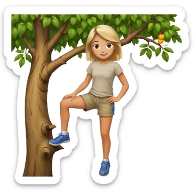una chica subido de un arbol colgando sticker