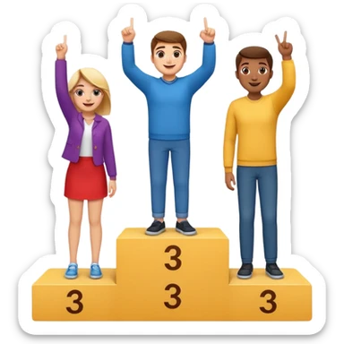 three casually dressed people on a winners podium with no numbers, middle step higher, each on their step, center person holds up one finger on each hand, fun expressive cheerful emoji style sticker