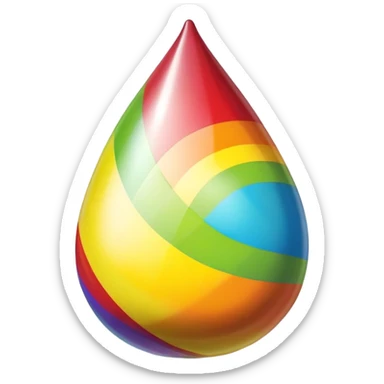 Minimal design of a Skittles package shaped like a teardrop with rainbow stripes and a few green round candies beside it. sticker