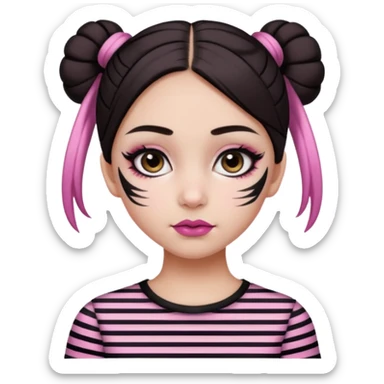 generate a pretty fair bratz girl with dark brown eyes. Dark brown hair straight hair with pink highlights tied into buns.  eyeliner. black lipstick. Wearing a white and black striped top sticker