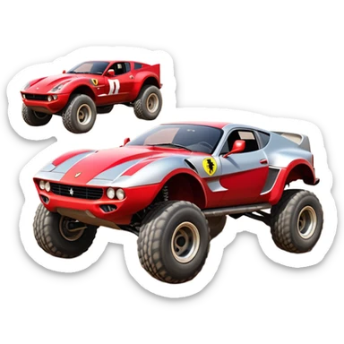 Satan’s evil Ferrari-colored Dirty and dented Local Motors Rally Fighter off road race car hot rod trophy truck-style basher flying on a dusty road (silver wheels) sticker