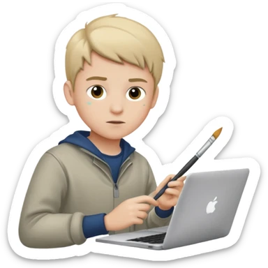 boy working in Macbook, he is graphic designer and paint artist sticker