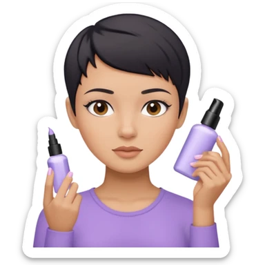 tan girl with pastel purple shirt with black hair & a pixie, doing her skin care sticker