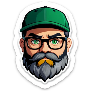 A bold man with a grey baseball cap, green eyes, big beard and glasses holding a black cat sticker
