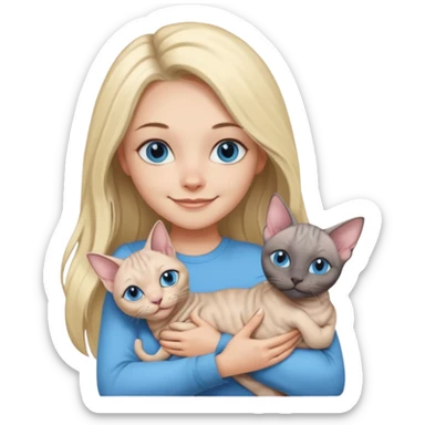girl with long split-dye hair half blonde half black and blue eyes smiling with two grey sphynx cats in her arms emoji style sticker
