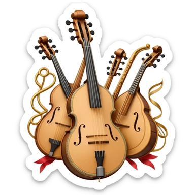 Design a sophisticated and festive emblem-like emoji representing plucked and stringed instruments. The layout should resemble a heraldic crest, featuring iconic instruments like a banjo, mandolin, domra, and sitar, artistically arranged in an elegant and symmetrical way. The necks of the instruments should be intertwined with a flowing ribbon of musical notes, winding around the strings and fretboards. The design should be detailed, showcasing the intricate carvings on the instruments, visible strings, and fret markers. Use a rich color palette with deep golds, browns, and vibrant accents to evoke a sense of luxury and celebration. The musical notes should appear to float around the instruments, connecting them in a graceful, dynamic way. Include ornate flourishes or decorative elements like laurels, swirls, or subtle engravings to give the image a professional, emblematic appearance. The background should be transparent. sticker