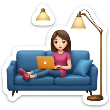 A girl is working with a laptop while lying on a sofa, with a floor lamp to the right. sticker