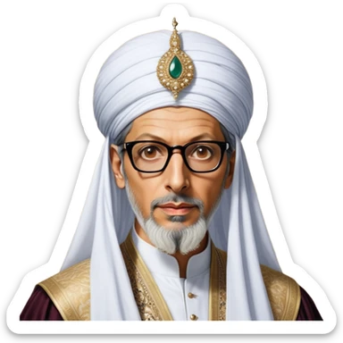 Jeff Goldblum no glasses as a regal portrait dressed as suleiman-the-magnificent,-depicted-as-a-regal-ottoman-sultan-adorned-with-a-large,-white,-round,-tall-turban-and-a-majestic-grey-beard,-his-commanding-gaze-bathed-in-warm,-historic-lighting-that-exudes-time with a large beard **no glasses* sticker