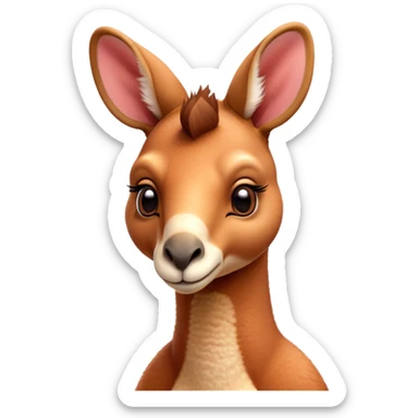 Cinematic Cute Adult Red Kangaroo Portrait Emoji, Head tilted playfully and inquisitively, showcasing a charming, robust build with soft reddish fur and a uniquely camel-like head featuring a gentle, elongated snout and rounded ears, with large, sparkling eyes full of wonder, Simplified yet irresistibly adorable features, highly detailed, glowing with a warm, friendly glow, high shine, affectionate and lively, stylized with a touch of outback whimsy, soft glowing outline, capturing the essence of a mischievous yet loving kangaroo that seems as if it could hop out of the screen into your arms! sticker