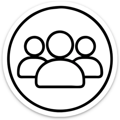Minimalist icon for Served 10,000+ Travelers in black outlined style with the same color code and format as the reference images. Place a group of people or a crowd symbol inside the circle. sticker
