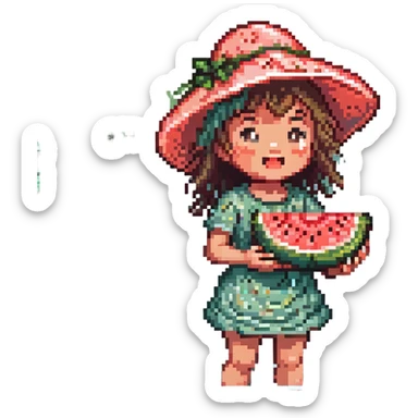 cheerful child in a big sun hat biting into a slice of watermelon by a sparkling river water splashing summer vibes pixel art style sticker
