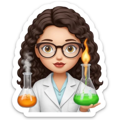 realistic bratz doll with long loose curly dark brown hair, glasses that are round cat eye vibes, in a lab coat mixing beakers that glow sticker