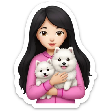 A black long hair asian pretty girl with a bright skintone and pink outfit holding a samoyed dog sticker