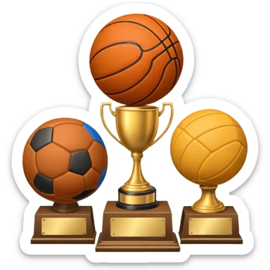 a basketball, soccer ball, volleyball, and a football all mixed with one trophy sticker