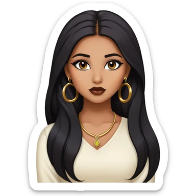 indian girl, brown skin, long black voluminous hair, brown underneath colored hair, baddie,pretty, makeup, lipliner, black eyeliner, gold hoop earrings, white top sticker