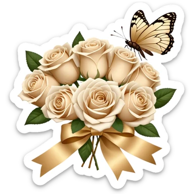 A bouquet of white Ascott tea roses next to a beige aesthetic and a brown beautiful butterfly and a gold silk ribbon sticker
