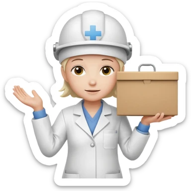 Tengo que dar una capacitacion de orgonomia, necesito un emoji de un operario con casco blanco y delantal blanco de manga larga que levante una caja cerrada con las dos manos a la altura de los hombros. Que tenga un delantal de laboratorio no de coina  sticker