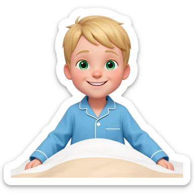 Use the same 3 year old blonde boy with green-blueish eyes same as before  happy with plain blue pajamas making his bed sticker