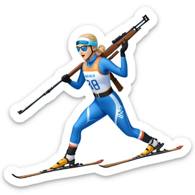 An icon showing a biathlete skiing on a snow-covered Olympic track with a rifle on their back. Cheering fans fill the stands. Majestic mountains, snowy trees, and a bright blue sky complete the scenic winter landscape. Transparent background captures the spirit of biathlon. sticker