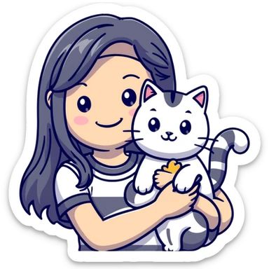 smiling girl with long hair holding a cat with silver stripes sticker