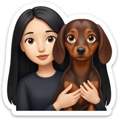 Black long straight hair girl, light skinned holding a cute brown dachshund  sticker