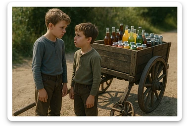 Bir g'ildiragi singan ichimliklar ortilgan arava uning yonida aka uka bir biriga havotirli nigoh bilan qarab turibdi realistik uslubda sticker