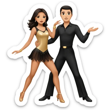 Photorealistic dancesport professional latin couple dancing the samba at the competition dancefloor, the women is in skinny short sparkly dress, the man is in black shirt and black classic pants, the women has brown long hair, the man has short black hair  sticker