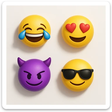 make four emojis on white background with good amount of shadow, four emojis of smiley's only. one laughing, second heart eyes, third purple devil and four black glasses emojis  sticker