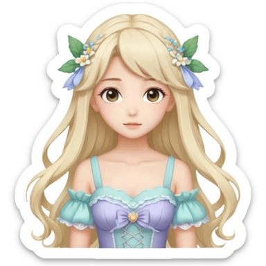 gorgeous pretty attractive anime lady beautiful hair with gorgeous dress fairycore cottagecore pastelcore detailed high quality trending VOGUE aesthetic head and bust sticker