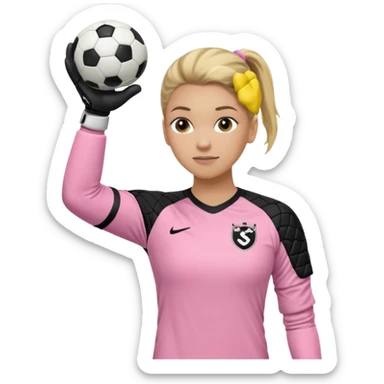 Make a dirty blonde football goalkeeper with goalkeeper gloves on. light skinned and wearing a light pink football kit. Wearing one ponytail on back of head. Make it without the whole body. With full sleeves. No RUGBY BALL JUST BLACK AND WHITE BALL. Holding ball under armpit. Other hand hanging down sticker