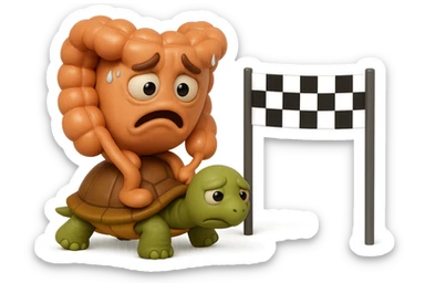  EMOJI STILE IPHONE 3D DI UN INTESTINO CON ESPRESSIONE ANGOSCIATA CHE CAMMINA SEDUTO IN GROPPA SUL GUSCIO DI UNA TARTARUGA IN ATTESA ESTENUANTE DI RAGGIUNGERE UN TRAGUARDO POCO PIù AVANTI, SULLA LORO DESTRA. IL TRAGUARDO è UNA BANDIERA A DUE PIEDI CON FASCIA A SCACCHI BIANCHI E NERI. iperrealistico 4k sticker