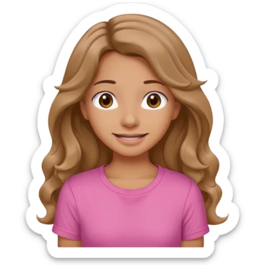 A pretty girl with tan skin and long wavy hair, wearing a pink basic shirt with brown eyes and a closed mouth smile sticker