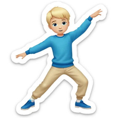 A full-body cartoon-style illustration of an 8-year-old boy with short blonde hair, designed in a vibrant . His bangs fall simply forward onto his forehead. He has blue eyes, freckles, and a friendly smile on his round face. The figure is depicted performing a dab dance move (dabbing pose)  sticker