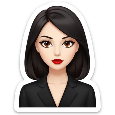 Respected actress with fair glowing skin, voluminous dark straight hair with slight waves at ends, almond eyes with refined eyeliner, defined features, red lips, black elegant outfit, poised professional expression sticker