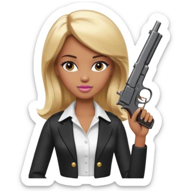 Brown skin blonde hair barbie wearing white shirt holding a black gun sticker