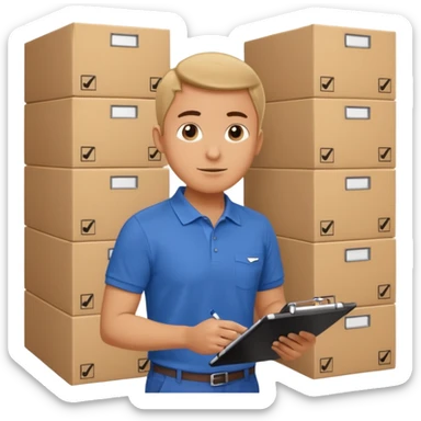 A person holding a clipboard with checklist marks next to stacked boxes, indicating stock or inventory management. sticker