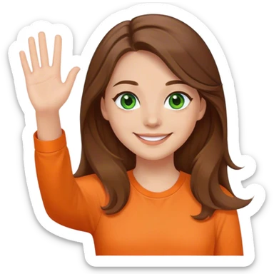 smiling girl with brown hair, long hair, middle hair part, waving, green eyes, orange shirt sticker