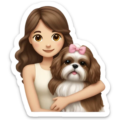 human girl with long wavy brown hair hugging a cream colored shih tzu girl with bow sticker