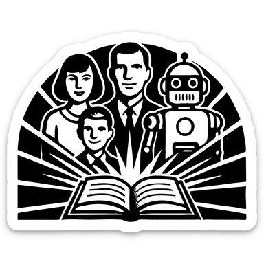 Transform the provided black-and-white art deco style logo into a wide 3.5:1 banner format. Extend the composition horizontally while maintaining the same black-and-white art deco style and the themes of community, education, and technology. Keep the group of people, robot, book, radiating lines, and geometric shapes balanced and harmonious across the extended banner composition. sticker