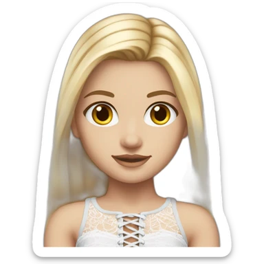 realistic caucasian female, long straight blonde hair, white lace up crop top, grey mini skirt, body view sticker