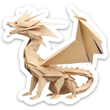 Beige Origami dragon made of newspapers on fire, surrounded by fairy lights nebula galaxy stars swirls iridescent covered in dried flowers bokeh library sticker