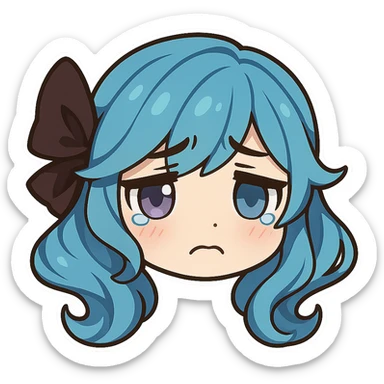 Gwen from League of Legends, chibi style, only head, borderless, right eye purple, both eyes same size, sad emote 2 sticker