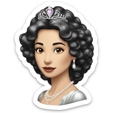 Regal pretty woman cheekbones crown vintage with very long iridescent black and silver hair wavy black hair pearl crown iridescent sticker