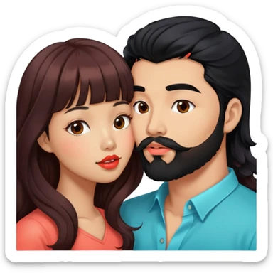 handsome asian man with black hair and beard, kissing cute tan skin woman with long wavy reddish brown hair with bangs and coral lipstick sticker